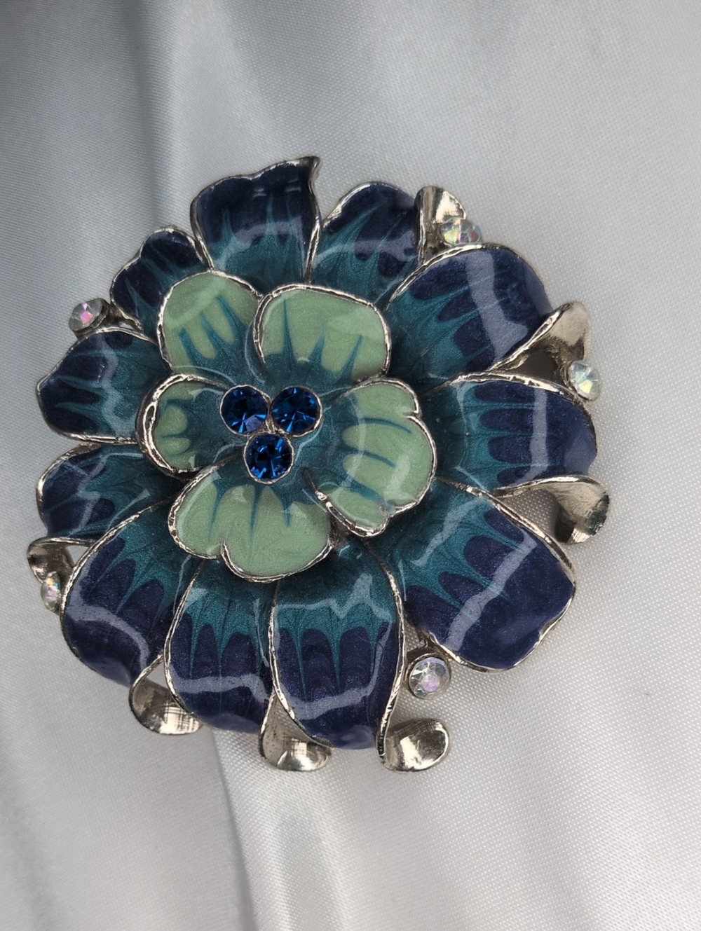 3D Layered Enamel Flower Brooch Teal Blue Purple Green Rhinestone